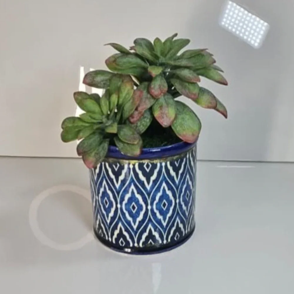 Handcrafted Artificial Succulent in Blue Pot – Unique Decor, No Water Needed!